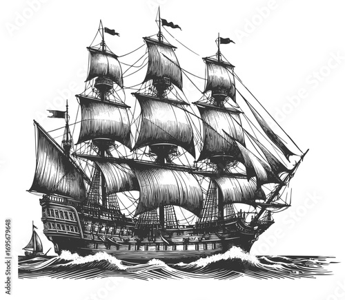 large historic sailing ship with full rigged masts and sails, navigating the ocean waves sketch engraving generative ai vector illustration. Scratch board imitation. Black and white image.
