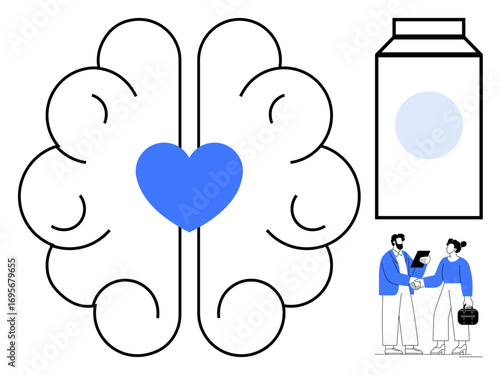 Brain with heart symbol, milk carton, and business professionals exchanging ideas illustrate care, collaboration, intellectual growth, and sustainable choices. Ideal for creativity, teamwork