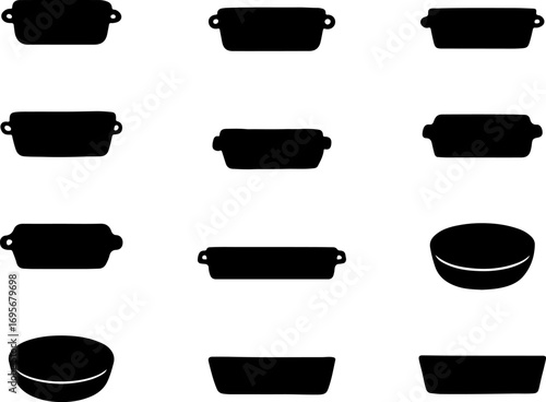 Frying pan black vectors, kitchen element art, vegetable pot silhouette, cooking pot set, set of pans, collection of kitchens, pan black color silhouettes, modern pan silhouette art vector icon design