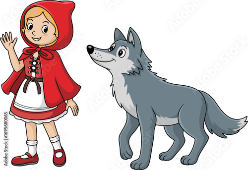 Little Red Riding Hood with wolf, cartoon fairy tale characters, classic children story illustration, girl in red cape smiling
