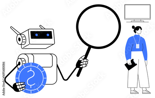 Robot holding magnifying glass and coin inspecting information next to a professional with clipboard and screen. Ideal for technology, AI, research, analysis, teamwork, innovation, science, simple