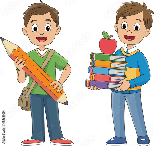 Happy school boys cartoon, holding books and giant pencil, back to school concept, student education illustration, kids learning vector