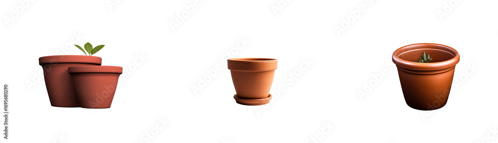 Obraz premium Terracotta planters with young plants isolated on transparent background, cut out