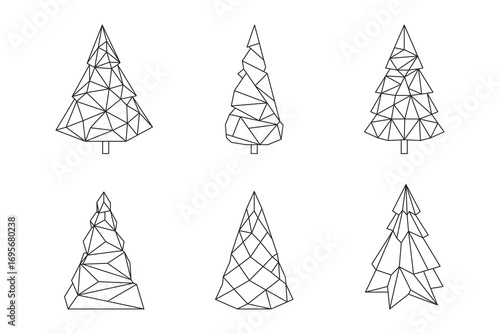 Set of Geometric Polygon Christmas Tree Line Art Vector Illustrations