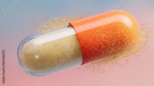 A split orange capsule,  gold interior powder dispersing, 3D render