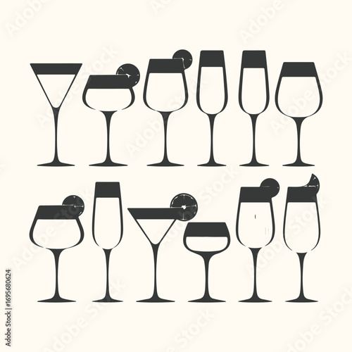 Vector art of collection of various cocktail glasses and champagne flutes