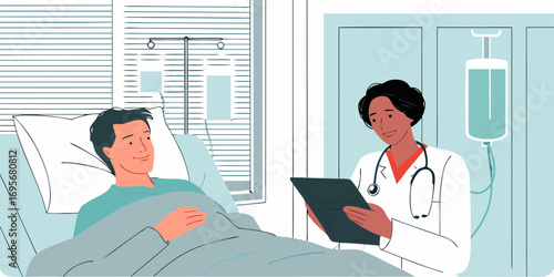 Doctor consults patient lying in hospital bed with iv drip and medical chart