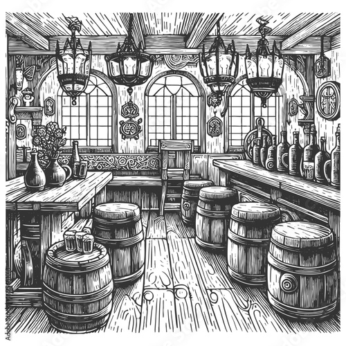old tavern interior featuring wooden barrels, bottles, rustic tables, lanterns, and decorative windows sketch engraving generative ai vector illustration. Scratch board imitation. Black and white.
