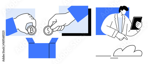 Hands placing coins into a box, representing contribution or savings, with a man holding a tablet for financial analysis. Ideal for finance, teamwork, contribution, donation, savings, planning