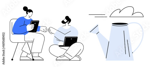 Two team members discuss ideas with devices, symbolizing teamwork and creativity alongside a watering can for growth. Ideal for teamwork, innovation, mentorship, collaboration, sustainable growth