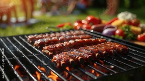 Fototapeta Naklejka Na Ścianę i Meble -  Grilled ribs sizzling on a barbecue grill, ready for a summer cookout with friends and family.