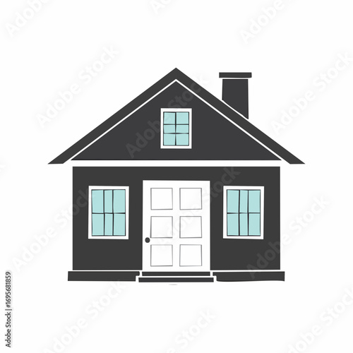 Simple Illustration of a Charcoal House with Windows, Door, and Chimney on a White Background