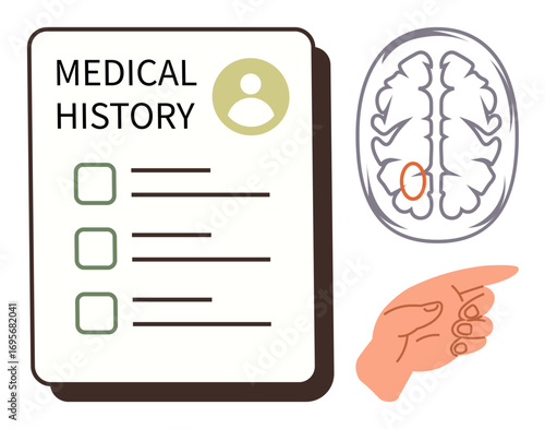 Medical document with checklist, brain graphic highlighting a region, and a hand pointing to emphasize diagnosis. Ideal for neurology, healthcare, patient care, research, diagnostics, education