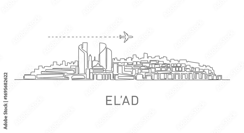 Naklejka premium Elad with Israel City Skyline Line Art, and Plane.