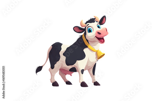 Cute cartoon cow with bell, ideal for children's projects.