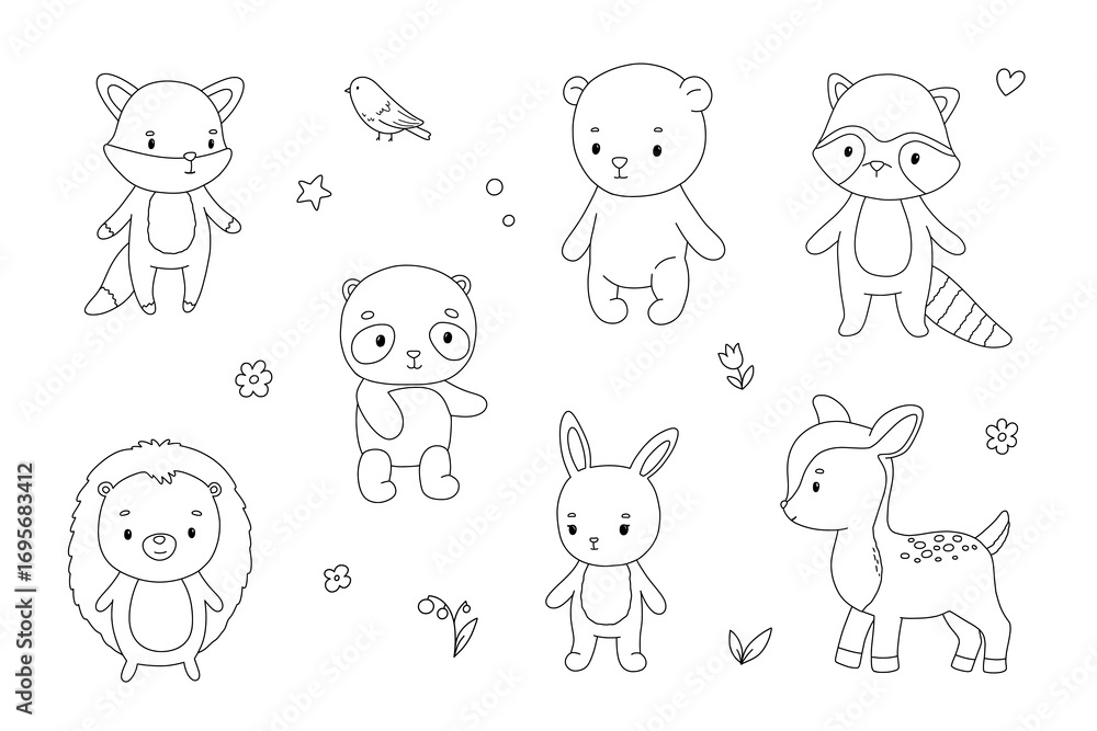 Fototapeta Cute woodland animals, hand drawn outline illustrations set for coloring page. Isolated fox, bear and bunny