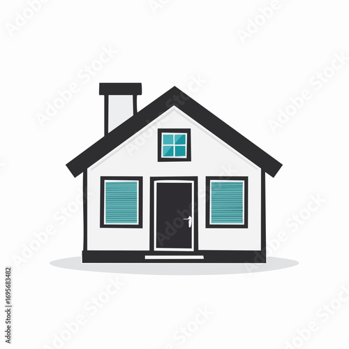 Cozy Home Illustration Simple White House with Black Trim and Blue Accents