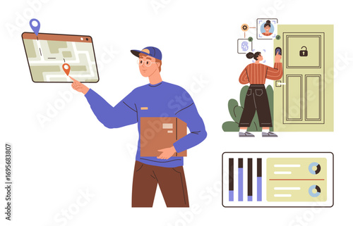 Delivery person with map tracking package route, recipient using digital lock for access. Ideal for logistics, technology, security, e-commerce, data analysis, app design delivery systems. Simple