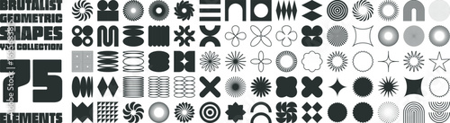 Brutalist abstract geometric shapes and grids. Brutal contemporary figure star oval spiral flower and other primitive elements. Swiss design aesthetic. Bauhaus memphis design.