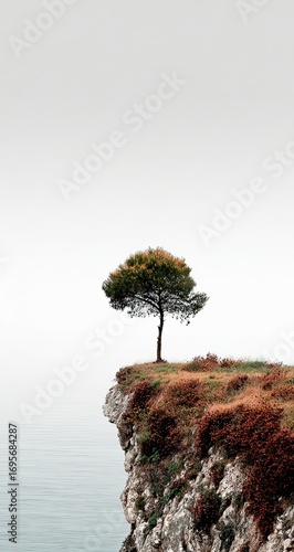Lonely tree on a cliff overlooking a misty sea