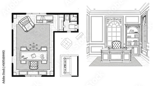 Classic Home Office Design | 2D AutoCAD Drawing with Furniture Layout and Elevation Blueprint