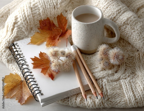 Autumnal cozy scene with coffee, notebook, and leaves