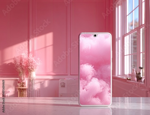 Pink smartphone on a marble surface in a pink room. Sunlight streams through a window