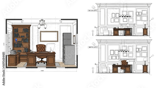 Classic Home Office Design | 2D AutoCAD Drawing with Furniture Layout and Elevation Blueprint