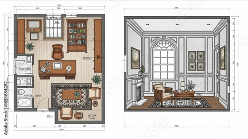 Classic Home Office Design | 2D AutoCAD Drawing with Furniture Layout and Elevation Blueprint