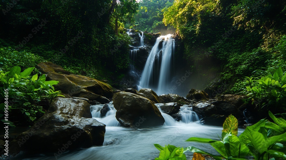 Naklejka premium Serene Waterfall Cascading Through Lush Green Forest