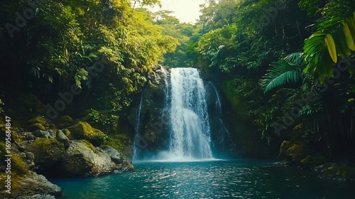 Serene Waterfall Cascading in Lush Tropical Rainforest