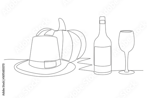 Pumpkin pilgrim hat and a bottle of beer. Thanksgiving concept one-line drawing