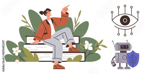 Young woman sits on stacked books, surrounded by leaves, pointing up. Robot with shield, and digital eye represent AI, privacy, and technology. Ideal for education, AI ethics knowledge security