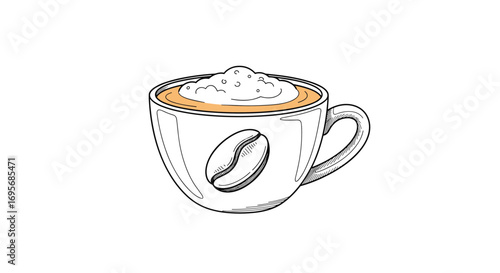 Steaming hot cappuccino artfully drawn with frothy foam and coffee bean detail