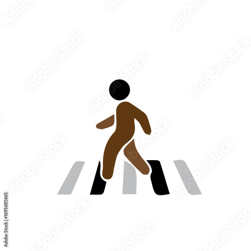 A stylized icon of a pedestrian walking across a zebra crossing, symbolizing road safety, urban transportation, and city life rules