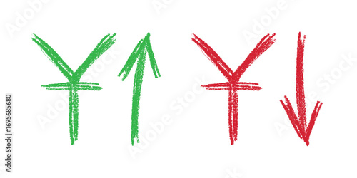Hand drawn chinese yuan currency symbol Growth and fall profit with arrow up and down Brush stroke doodle Element for design