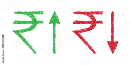Hand drawn rupee currency symbol Growth and fall profit with arrow up and down Brush stroke doodle Element for design
