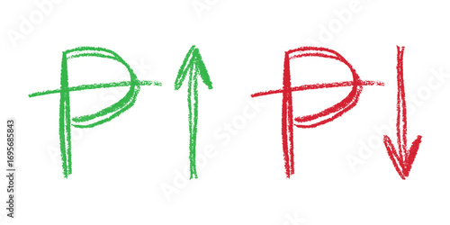 Hand drawn peseta currency symbol Growth and fall profit with arrow up and down Brush stroke doodle Element for design