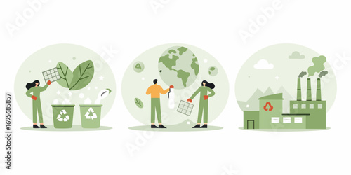 Illustrations depicting environmental protection recycling and sustainable energy solutions for a healthier planet