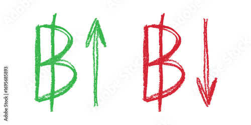 Hand drawn thai baht currency symbol Growth and fall profit with arrow up and down Brush stroke doodle Element for design