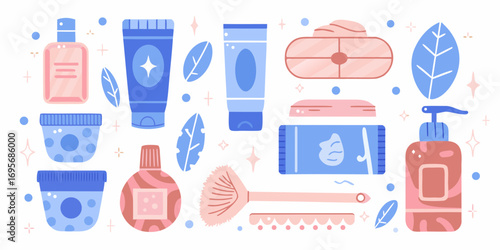 A collection of flat illustration style skincare and beauty products including creams lotions and brushes