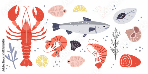 Collection of fresh seafood and ocean ingredients illustrated in a flat design style