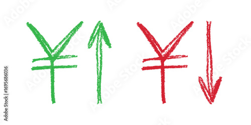 Hand drawn yen currency symbol Growth and fall profit with arrow up and down Brush stroke doodle Element for design