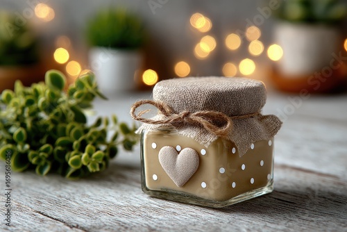Small glass jar with light beige cream, decorated with a heart and polka dots