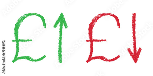 Hand drawn british pound currency symbol Growth and fall profit with arrow up and down Brush stroke doodle Element for design
