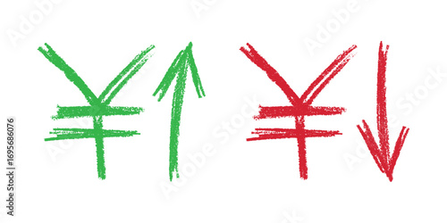 Hand drawn yen currency symbol Growth and fall profit with arrow up and down Brush stroke doodle Element for design