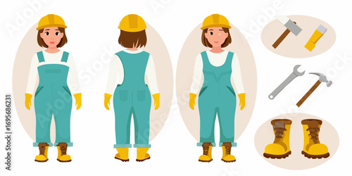 Female construction worker in teal overalls yellow hard hat and boots with tools