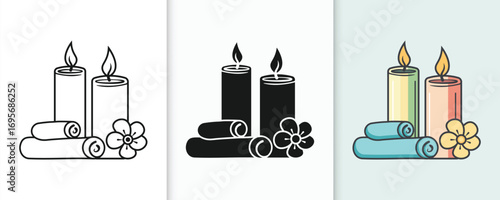 Serene spa scene with lit candles rolled towels and flower petals