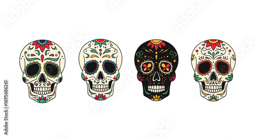 Vibrant sugar skulls showcase intricate floral designs, celebrating Day of the Dead culture and tradition