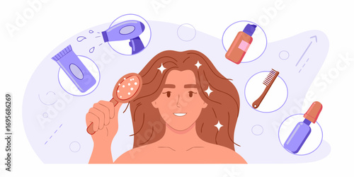 Woman with healthy shiny hair surrounded by hair care products and tools for styling and treatment